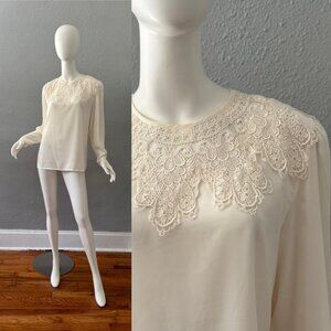 Vintage 90s Ivory Silky Crochet Bib Collar Button Top Blouse M/L